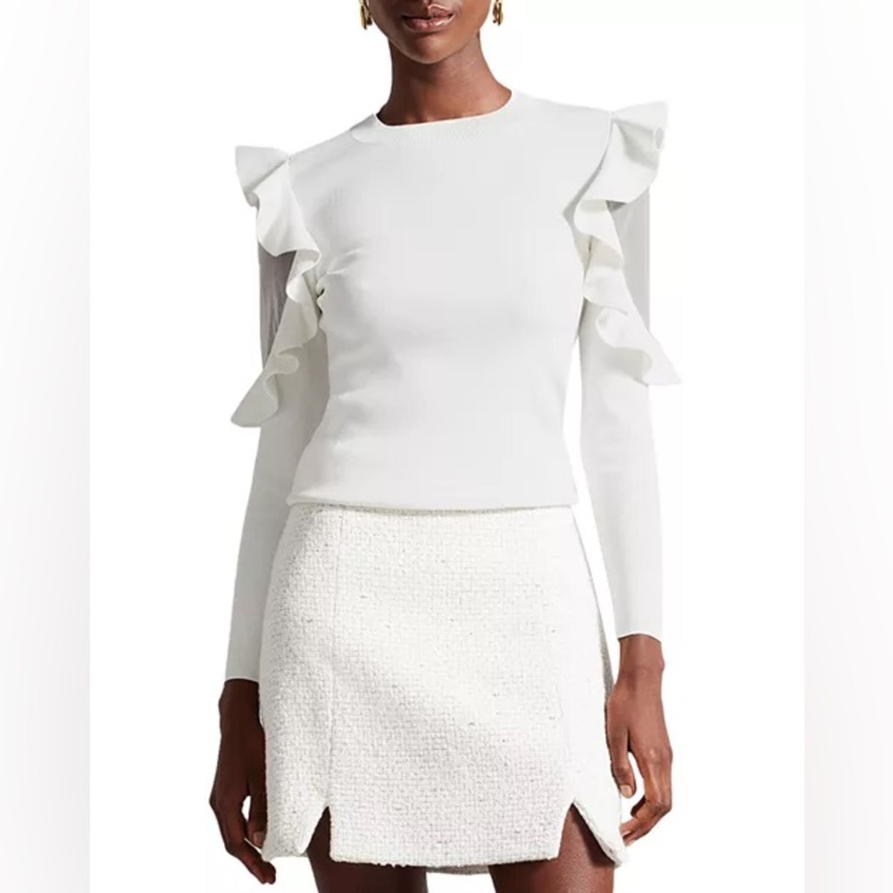 TED BAKER White Floraas Ruffle
Fitted Knit Top Sweater Sheer Shoulders
